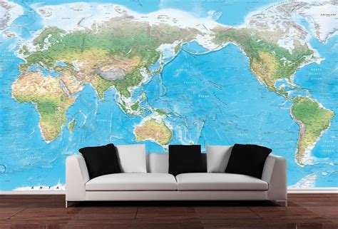 Natural World Physical Map Mural Pacific Centered Big World Map