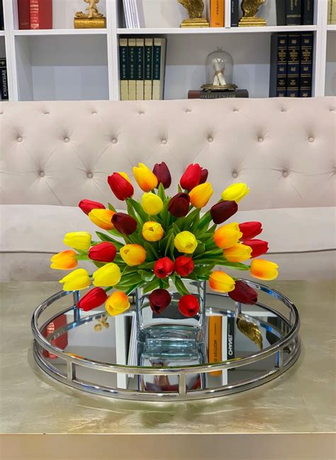 Faux Real Touch Arrangement Tulips Centerpiece For Dining Table Red Tu
