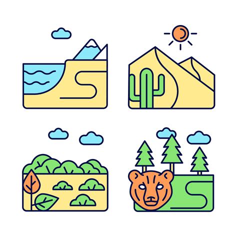 conjunto de iconos de color rgb de accidentes geográficos naturales terreno costero desierto