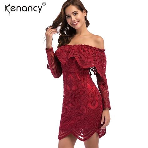 Kenancy Sexy Off The Shoulder Floral Lace Ruffled Summer Dress Women