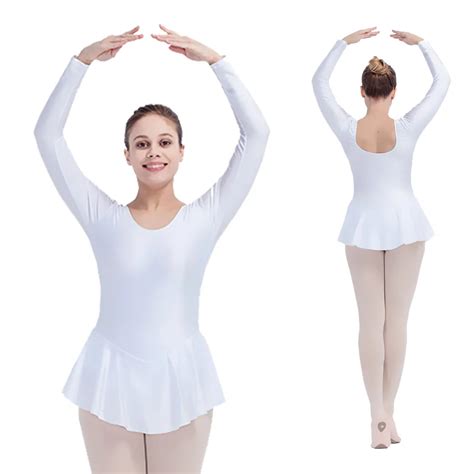 White Shiny Nylon Lycra Long Sleeve Ballet Dance Leotards With Skirts For Ladies Girls In Ballet