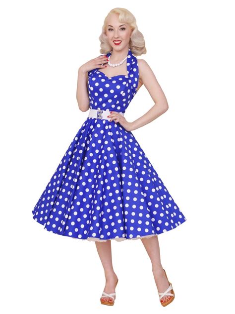 Blouson top has fabric covered buttons up the back. 1950s Halterneck Royal Polkadot Dress from Vivien of Holloway