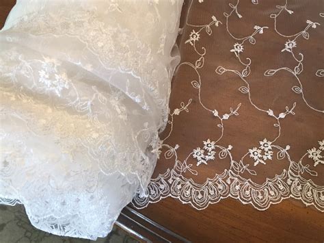 Vintage Bridal Wedding Sheer Lace Organza Embroidered Fabric Off White
