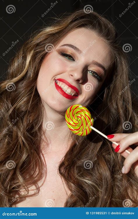 Pretty Girl Eats Sweet Candy Lollipop Candy Stock Image Image Of