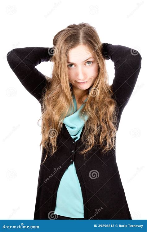 Flirty Young Woman With Funny Face Holding Hands On Head Stock Image