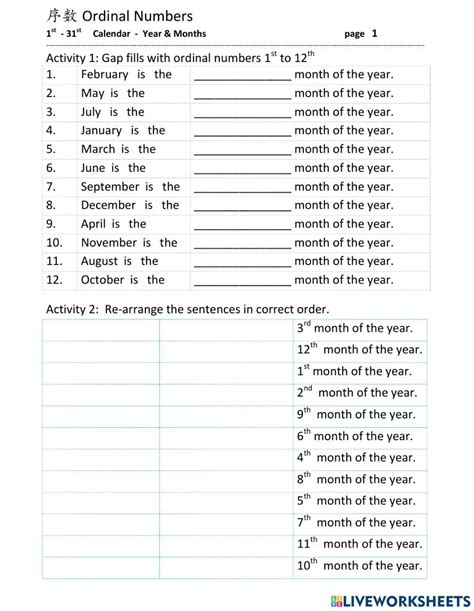 Ejercicio De Ordinal Numbers 1st To 31st Months En 2022 Ordinales