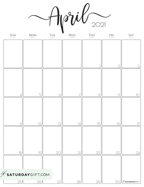 Cute Free Printable April 2021 Calendar Saturdayt 2021 Calendar With