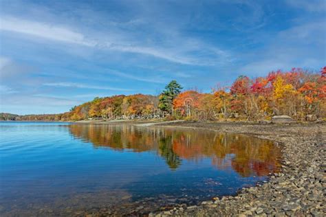 Lake Wallenpaupack In Poconos Pa On A Bright Fall Day Lined With Trees