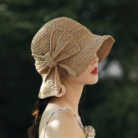 Handmade Weave 100raffia Bow Sun Hat Wide Brim Floppy Summer Hats For Women Beach Panama Straw