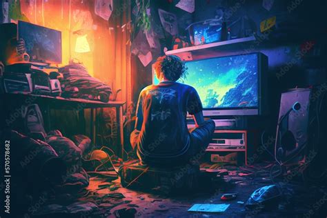 Video Game Addiction Back View Of Man Sitting On Floor With Trash And