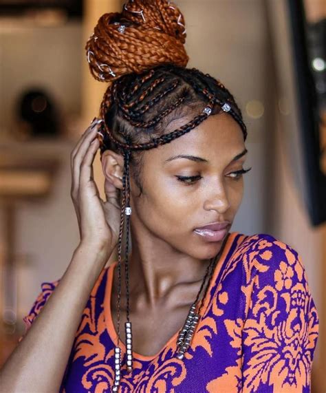 Criss Crossed Black And Caramel Fulani Braids Knot Ponytail Top Knot