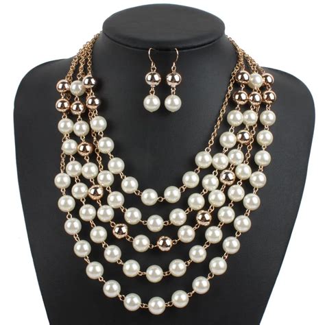 Pearl Necklace Earrings Metal Bead Set For Women Multi Layer Maxi Statement White Pearl Wedding