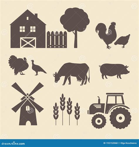 Set Of Silhouettes Of Village And Farm Stock Vector Illustration Of