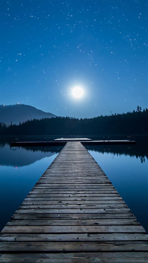 Moonlight Night Stars Lake Dock Scenery 4k Hd Phone Wallpaper