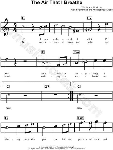 The Hollies The Air That I Breathe Sheet Music For Beginners In C