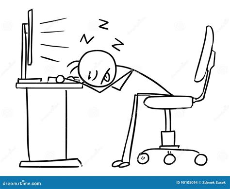 Vector Stick Man Cartoon Of Man Sleeping With Head On The Office Stock