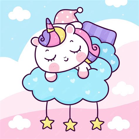 Dibujos Animados De Unicornio Lindo Dormir En Personaje De Nube Kawaii