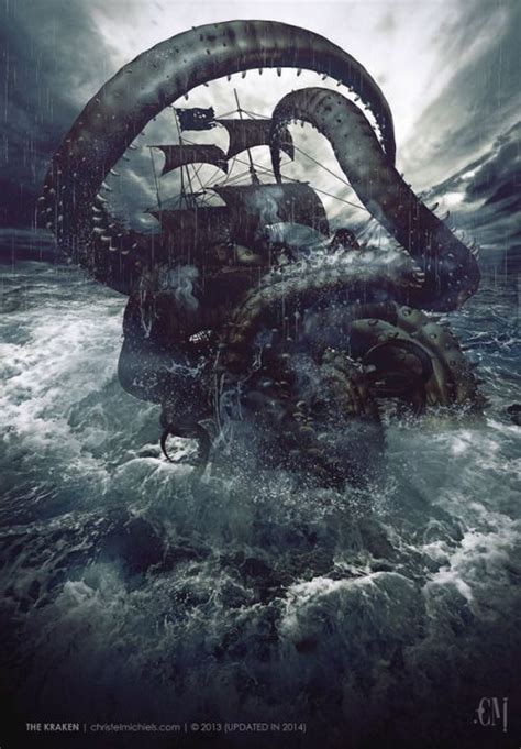 The kraken—a massive sea monster—legendarily rose out of the ocean to pluck sailors off ship decks or even to grasp whole vessels and carry them to the . The Kraken by Christel Michiels #storm #waves #ship #sea # ...