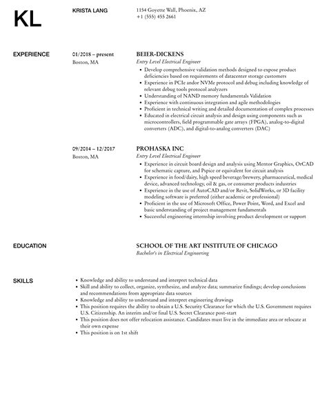 Entry Level Electrical Engineer Resume Samples | Velvet Jobs