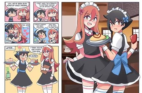 An Image Of A Comic Strip With Two Girls Dressed In Maid Outfits And One Is Holding A Cake