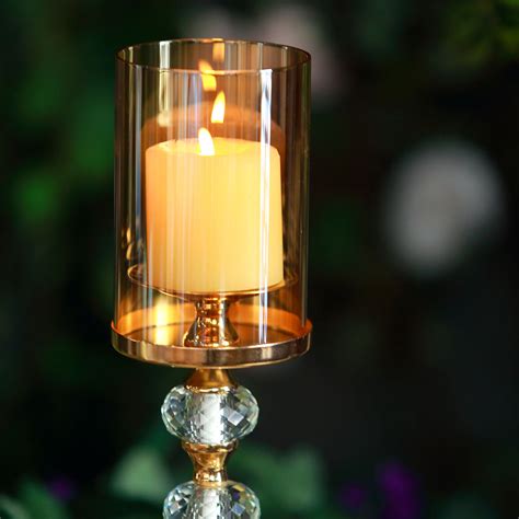Set Of 3 Gold Metal Pillar Candle Holders With Hurricane Glass Tubes