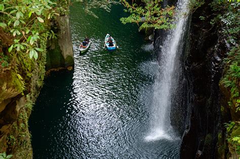 Waterfall And Boat At Takachiho Gorge In Takachiho Stock Photo
