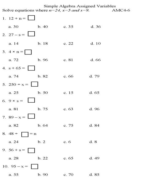 Bluebonkers Algebra Multiple Choice P6 Free Printable Math