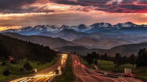 Michael Ryno Nature Landscape Trees Mountains Highway Evening