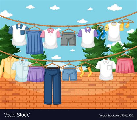Clothes Hanging On Line In Yard Royalty Free Vector Image