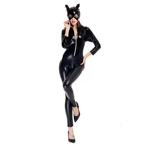 2017 New Sexy Catwoman Suit Fancy Dress Shiny Super Hero Black Leather