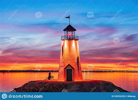 Sunset Beautiful Landscape Of The Lake Hefner Lighthouse Stock Image