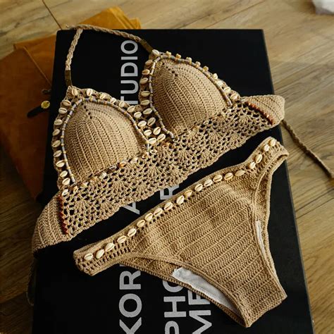 Khaki Retro Shell Design Women Bikini Set Push Up Crochet Swimsuit Halter Top Summer Knit