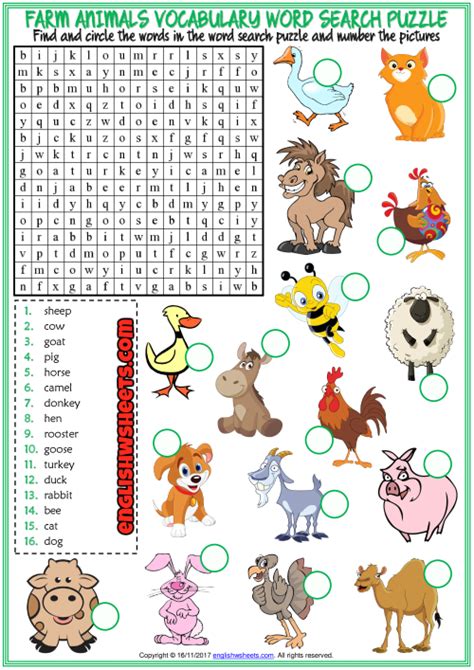 Farm Animals Esl Printable Word Search Puzzle Worksheet Farm Animals