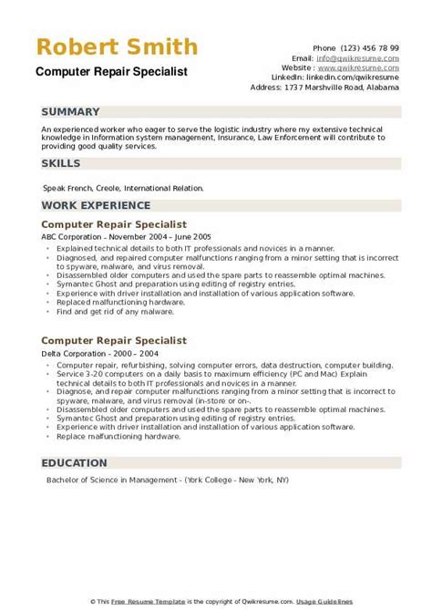 Resume vocabulary and action verbs are vital in writing a resume. Computer Repair Specialist Resume Samples | QwikResume