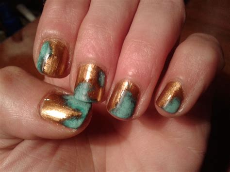 Copper Patina Nails Metallic Coat Followed By Sponged On Turquoise