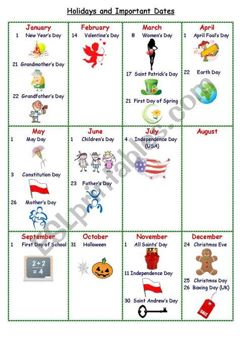 Holidays And Important Dates Calendar Esl Worksheet By Arantha