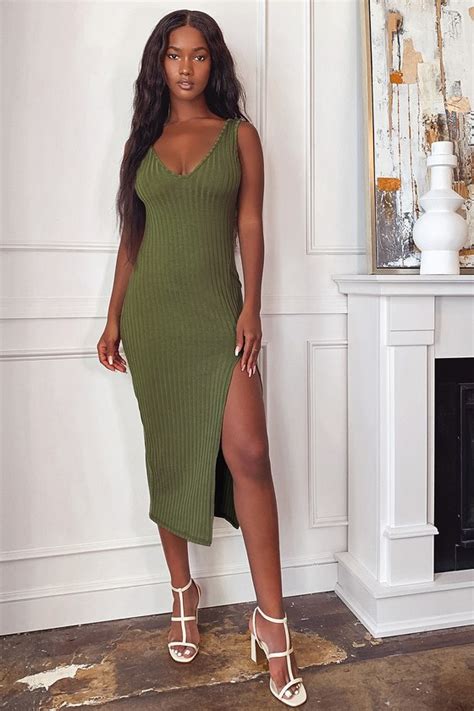 Trendy Olive Green Dress Ribbed Midi Dress Sexy Bodycon Dress Lulus