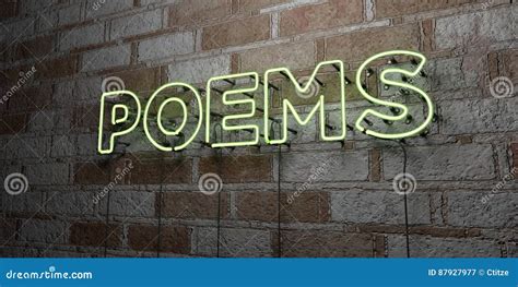 Poems Glowing Neon Sign On Stonework Wall 3d Rendered Royalty Free