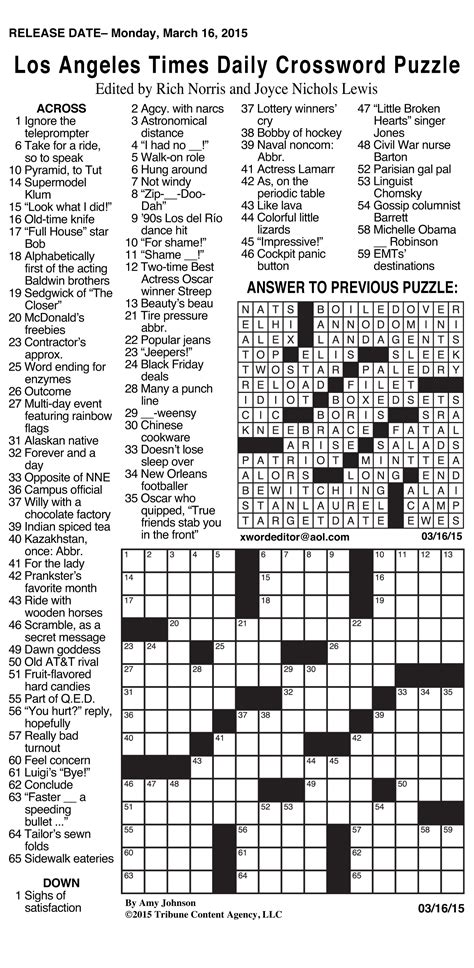 Sample Of Los Angeles Times Daily Crossword Puzzle Tribune Content