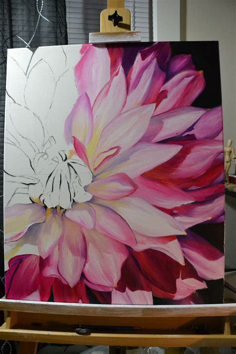 Dahlia Half Done Oil Painting Pink And Yellow Large Flower Painting