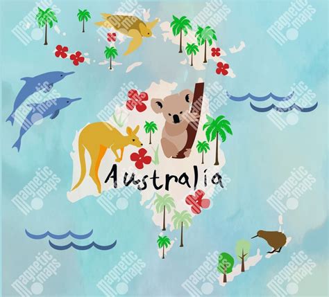 Magnetic Map Of Australia And Oceania Cartoon Colored