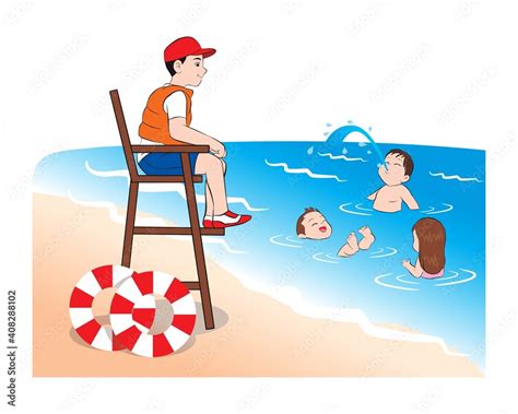 Beach Lifeguard Safeguarding Watching Kids Sitting On Lifeguard Tower