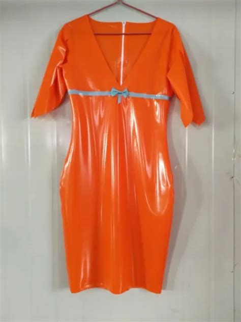 Latex Rubber Orange Dress Sexy Kleid Mit V Ausschnitt Zipper Mm S Xxl Eur