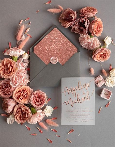 Glamour Shiny Rose Gold Foil Wedding Invitations Romantic Etsy Uk