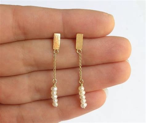 14k Gold Dangle Pearls Earrings Solid Gold Stud Earrings Etsy