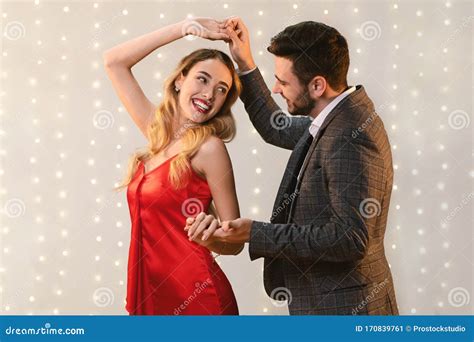 Cheerful Romantic Couple Dancing Together On Date In Restaurant Stock Image Image Of Elegant