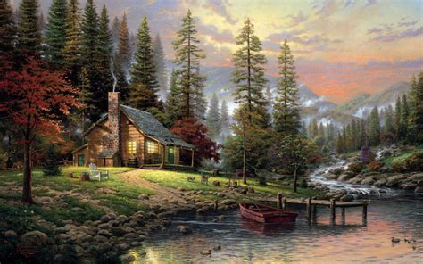 Life In Nature House Forest Trees Stream Lake Boat Painting Desktop