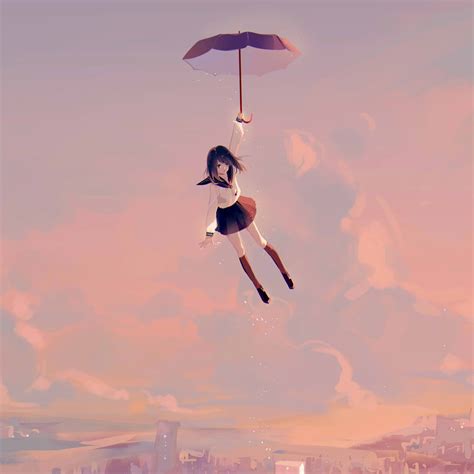 Anime Girl Flying With Umbrella Wallpaper 4k