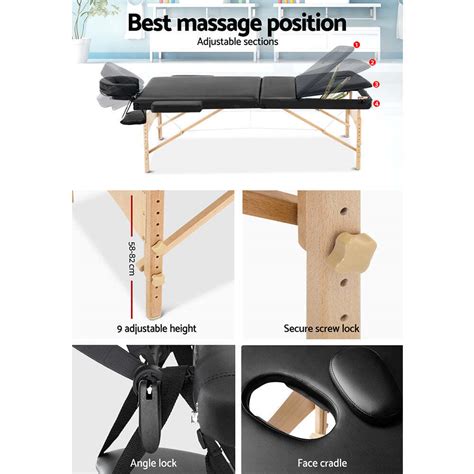 Zenses Massage Table 70cm 3 Fold Wooden Portable Beauty Therapy Bed Waxing Black 9350062029466
