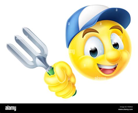 A Cartoon Gardener Emoji Emoticon Icon Holding A Garden Fork Stock